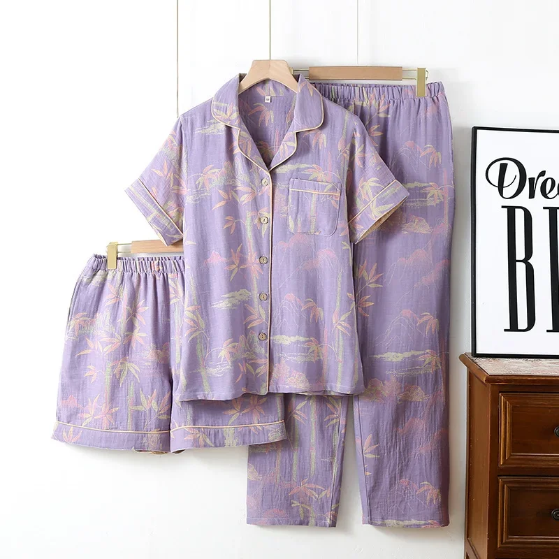 

Новинка 2023 года, весенне-летний женский пижамный комплект из 100% хлопка, креп с короткими рукавами + шорты + брюки, тонкий кардиган из 3 предметов, домашняя одежда, женская одежда