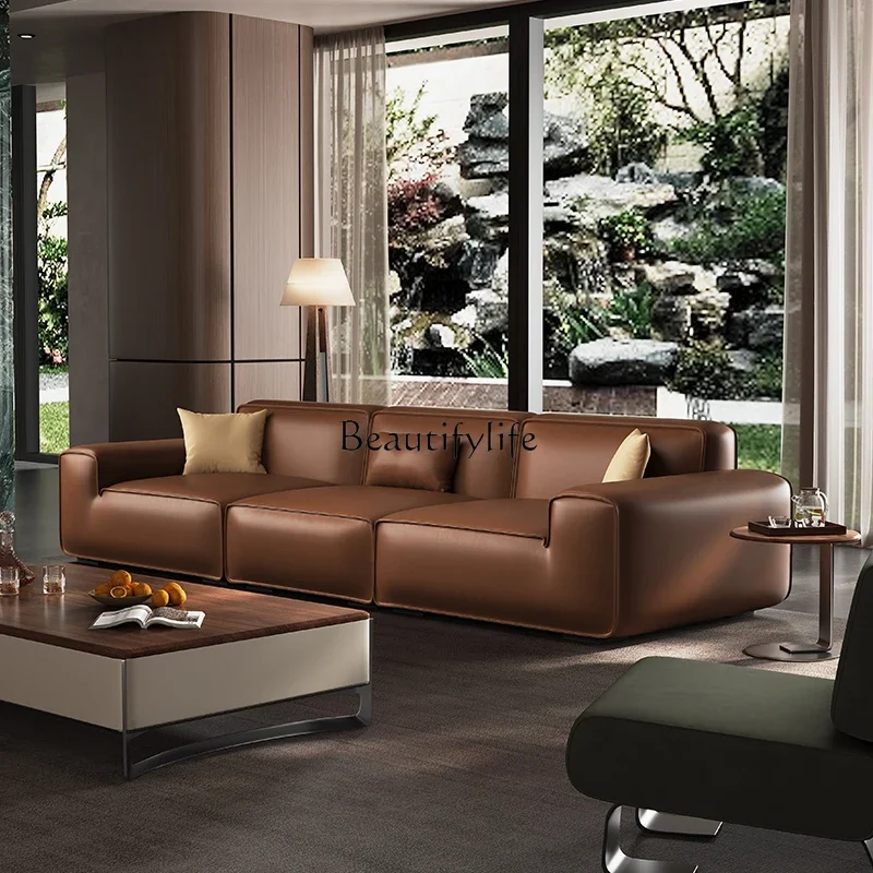 

minimalist black cow leather sofa living room straight row down sofa