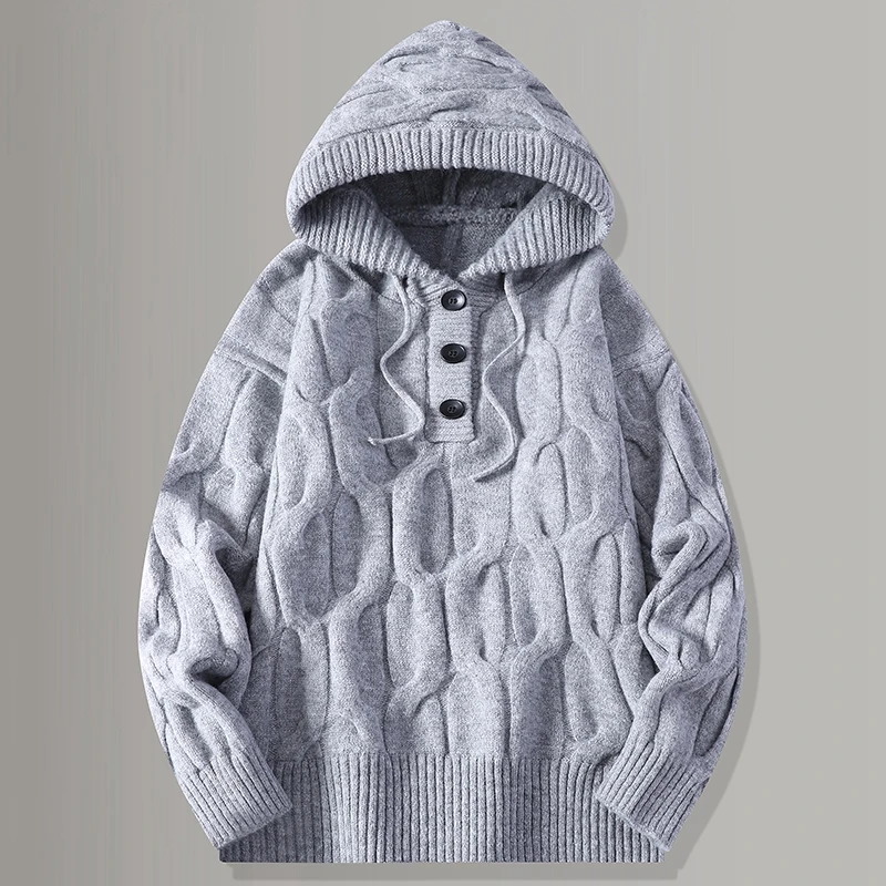 

Утепленный вязаный свитер-худи мужской, серый, теплый, зимний, новый стиль, повседневный, свободный крой, с длинным рукавом, на пуговицах