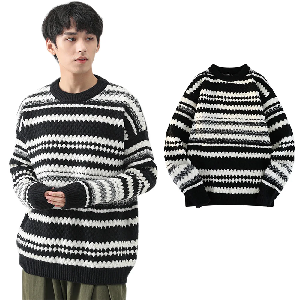

Classic Retro Black and White Striped Woolen Pullover Men's Fashion Trend Vintage Pullover Sweater Round Collar Loose Pullover