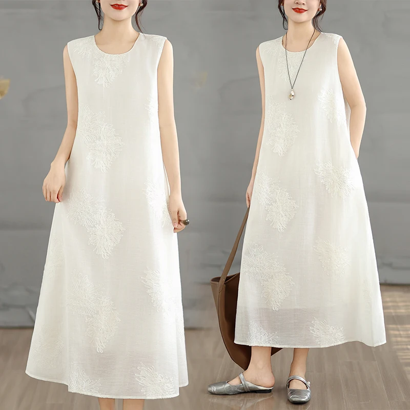 

Summer 2026 Casual Cotton Linen Embroidered White Dress Sleeveless Long Dress Vacation Leisure Women's plus Size Gown