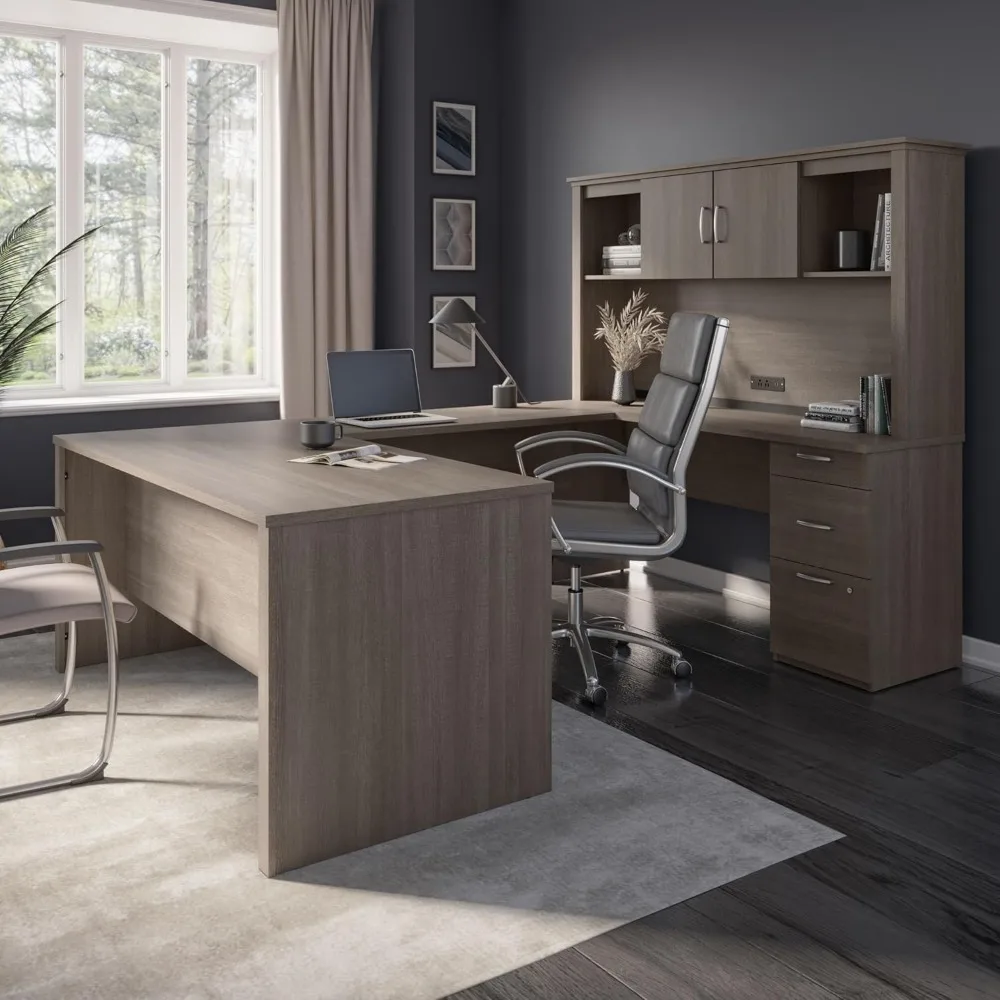 

U or L-Shaped Executive Office Desk with Pedestal and Hutch, Table Workstation for Personal Home Workspace, 66W, Office Desks