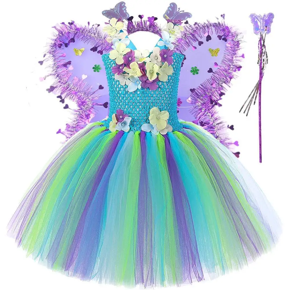 

Jungle Flower Fairy Costumes for Girls Beautiful Fairies Princess Dresses with Butterfly Wings Kids Halloween Fancy Tutus Outfit