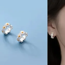 Fashion Daisy Yellow Flower Hoop Earring for Women Cute White Enamel Sunflower Stainless Steel Dangle Earrings Korean Jewelry