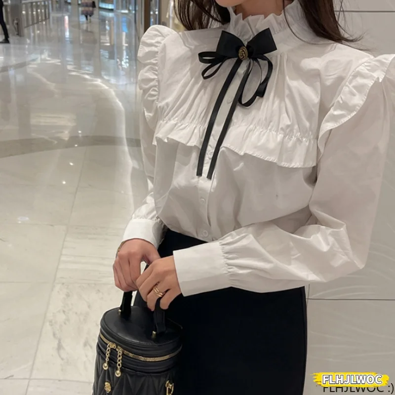 Stand Collar Ruffles Cute Bow Tie Tops Preppy Style Vintage Japanese Korea Design Button Elegant Formal White Shirts Blouses