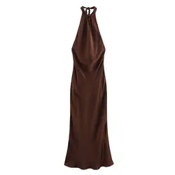 Tangada 2023 New Women Coffee Satin Halter Dress Sleeveless Ladies Party Dress 6X0244