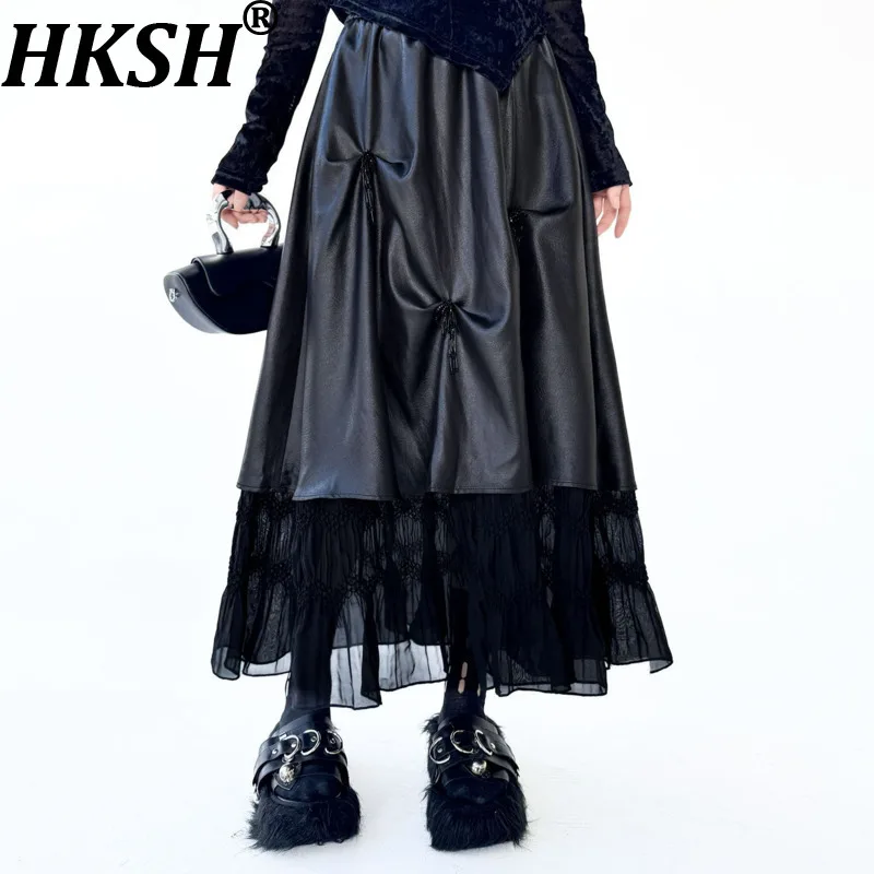 HKSH Women Chic Skirt PU Leather Patchwork Mesh Pleated Elastic Waisted A-line Dark Elegant Ins Skirts New Spring Summer HK19717