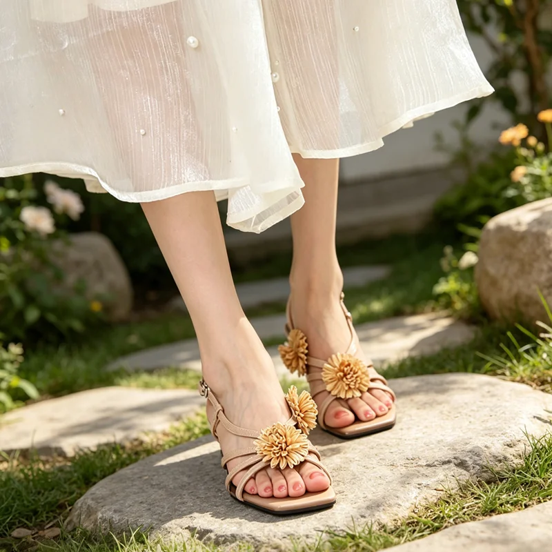 High-Heeled Sandals for Women, Summer Square-Toe Thin Strap Back-Strap Buckle Raffia Flower-Shaped Wedge Heels, Retro Style Versatile Open-Toe Vacation Style Outdoor Wear Women's Sandals, Non-Slip Comfortable Niche Design Women's Fashion Sandals