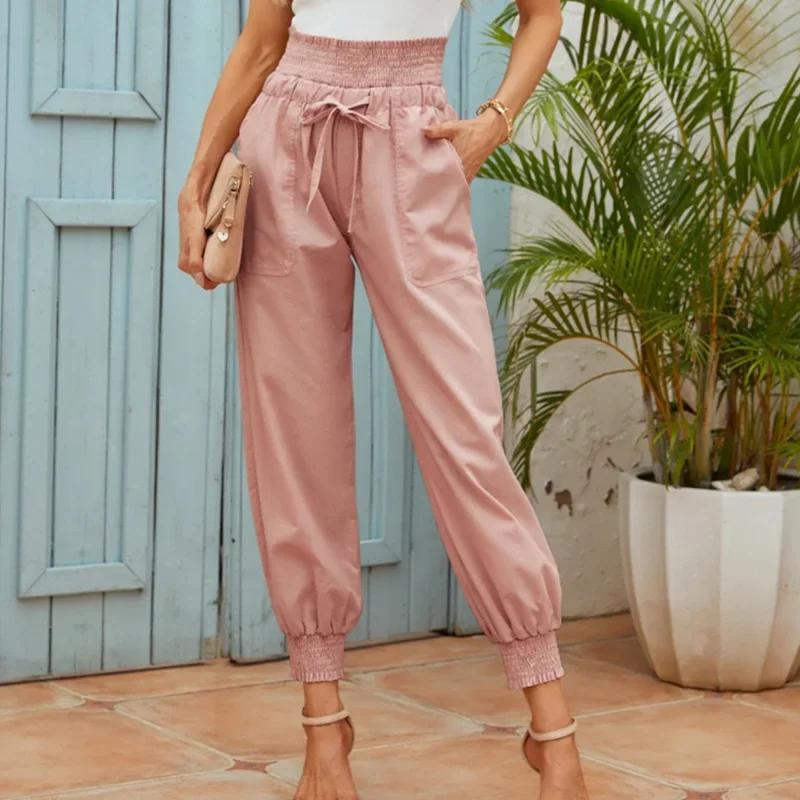 Pantalones pitillo de cintura alta de lino y algodón para mujer, ropa informal con bolsillos, pantalones lisos con cordón, holgados, primavera y verano