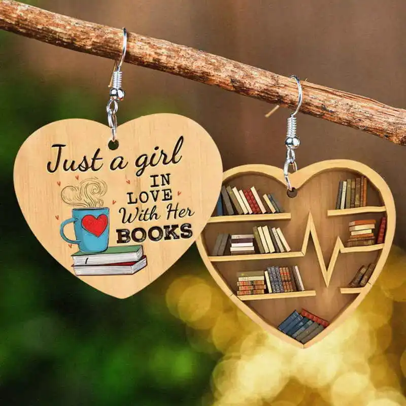 Book Lovers Heart-Shaped Bookshelf Pendant Earrings School Supplies Pencil Scissors Teacher Earrings Valentine's Day Gift