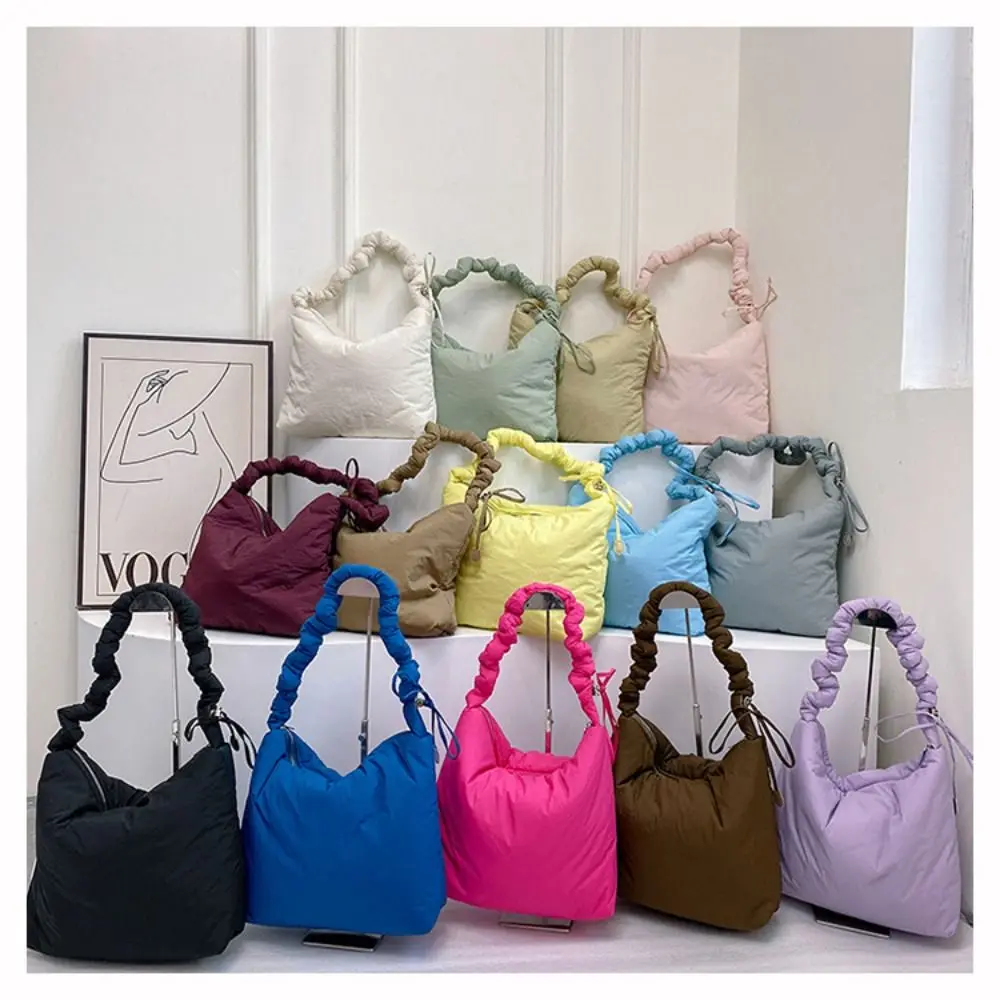 

Casual Down Cotton Padded Women Shoulder Bag Nylon Solid Color Fluffy Hobo Bag Handbag Large Capacity Tote Bag