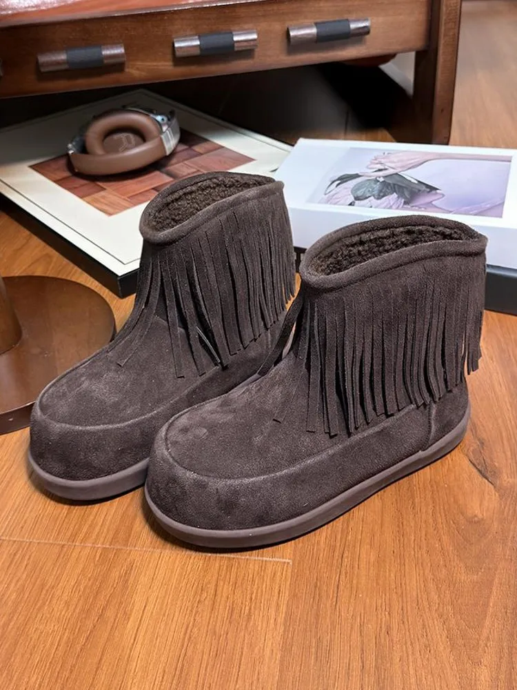 الشتاء أنيقة المرأة شرابة جلد البقر المدبوغ الثلوج الأحذية الدافئة الصوف عالية أعلى الأحذية عارضة جولة تو الكاحل السيدات حذاء مسطح #4