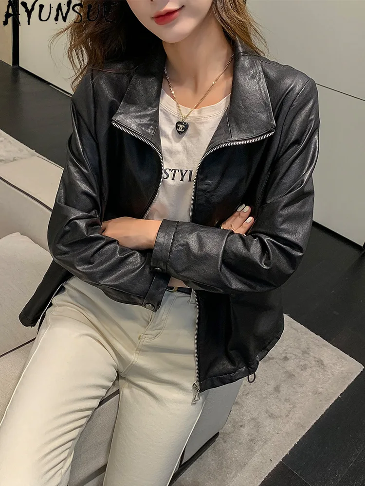 AYUNSUE chaqueta De motocicleta De cuero genuino abrigo De piel De oveja auténtica para mujer otoño 2025 ropa De mujer chaqueta De cuero bronceado vegetal