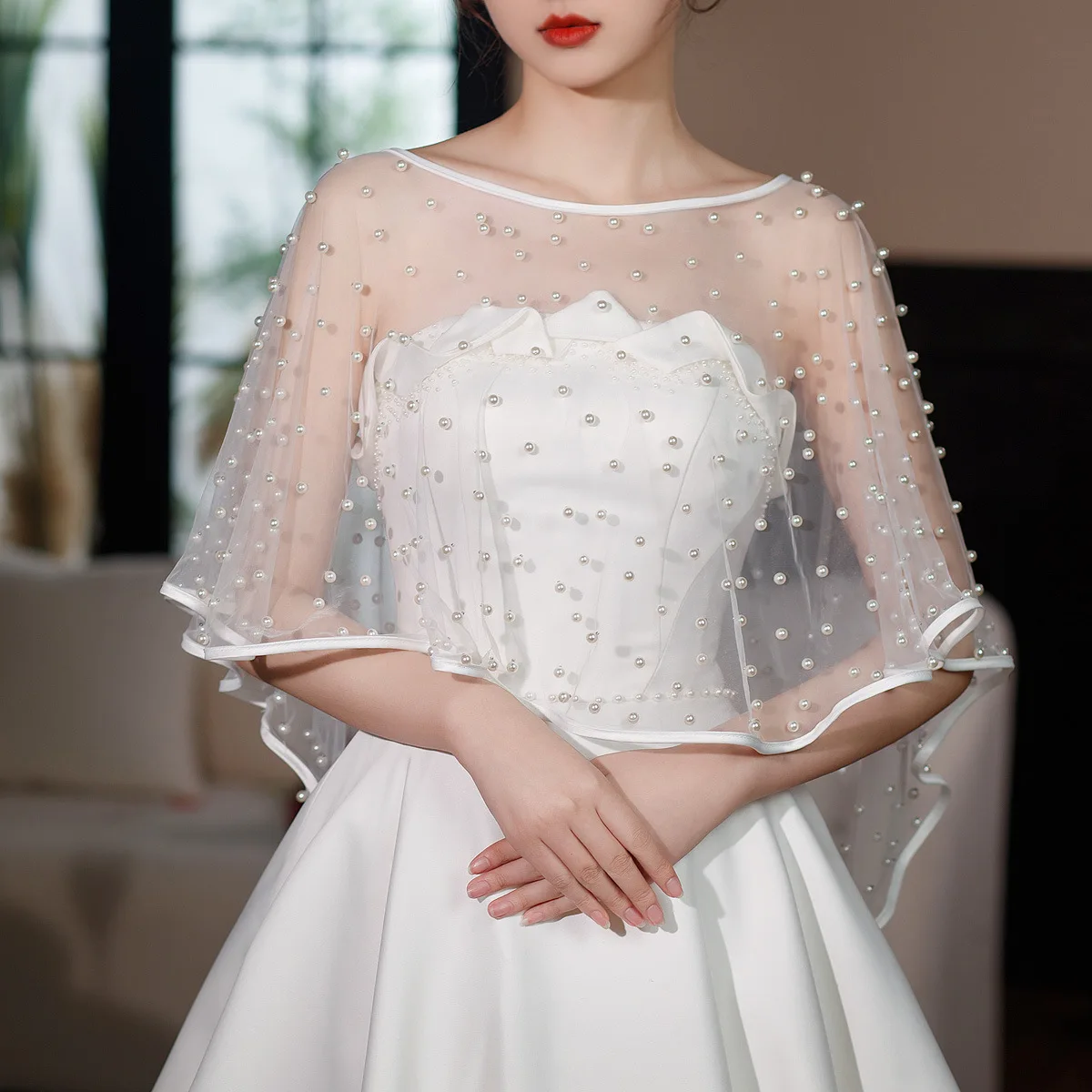 

Винтажная тонкая женская свадебная шаль с жемчужной сеткой, свадебный плащ с бусинами, накидка для путешествий, шаль для фотографии