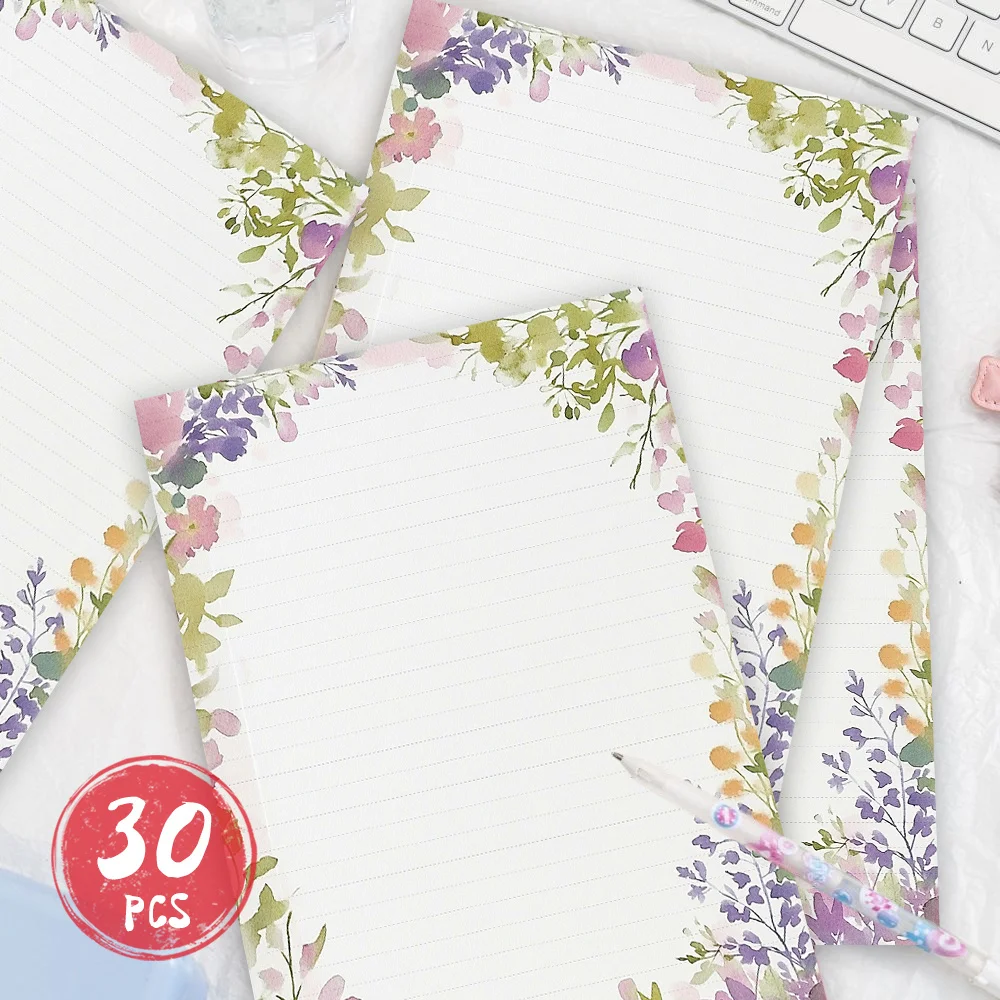 30 Sheets, B5 Fresh Watercolor Floral Themed Writing Paper, Lined, No Glue, Very Suitable For Notebooks, Memos, And Stickers