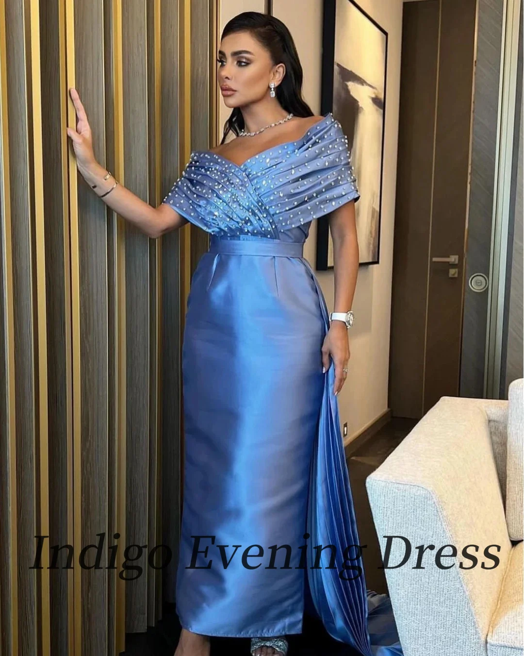 Indigo Satin Prom Dresses Off Shoulder Beads Floor-Length Pleated Elegant Formal Party Dress For Women 2024 فساتين طويلة