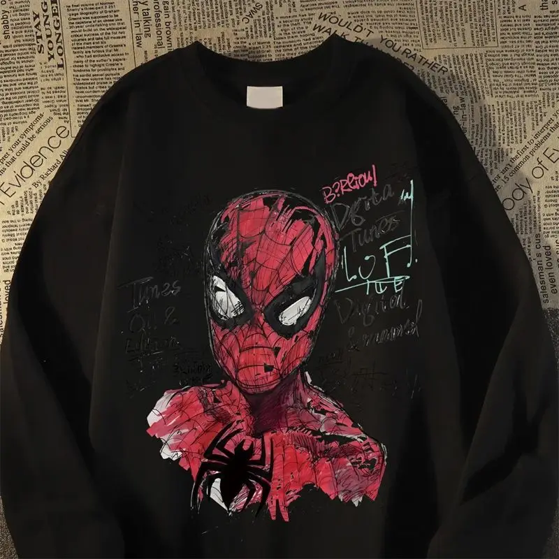 Outono e inverno homem aranha impresso americano retro em torno do pescoço hoodie masculino e feminino na moda versátil topo
