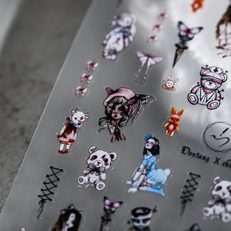 Pegatinas autoadhesivas 3D de dibujos animados para decoración de uñas, calcomanías de diseño de muñeca de Horror oscuro, venta al por mayor, envío directo