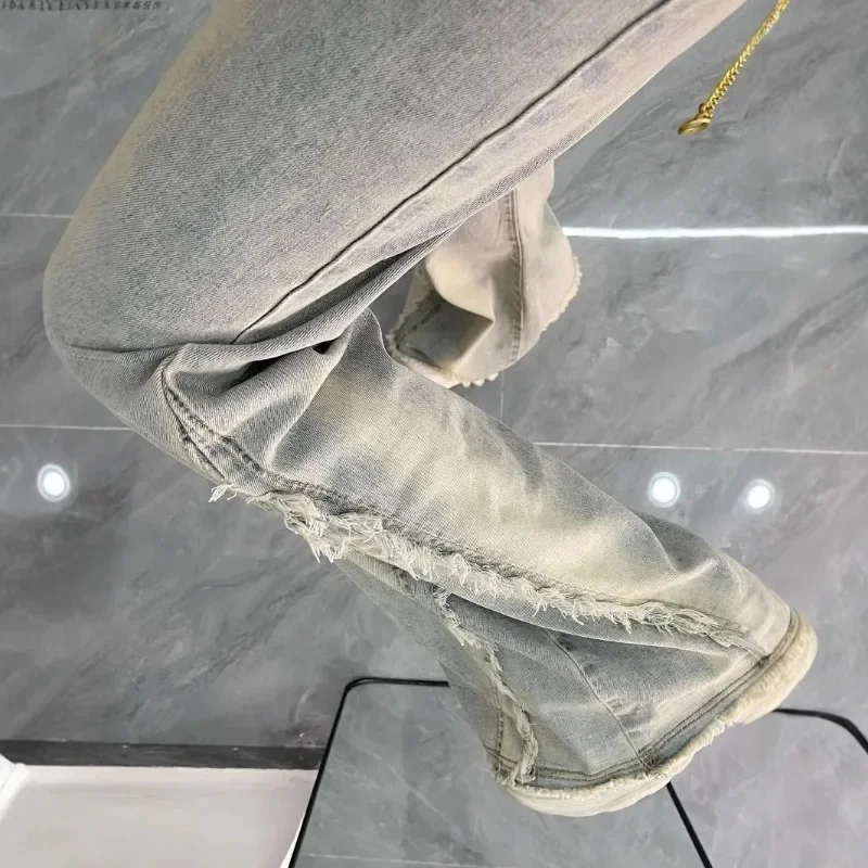 بنطلون جينز نسائي أمريكي ريترو عالي الخصر متوهج بتصميم مرقع مهدب، سروال مستقيم نحيف وتنحيف على شكل حدوة حصان