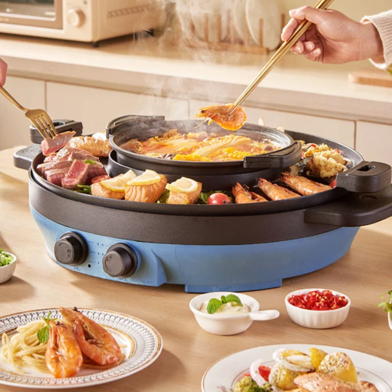 Multi functional hot pot, electric barbecue stove, integrated pot, household non stick Korean style baking tray for instant