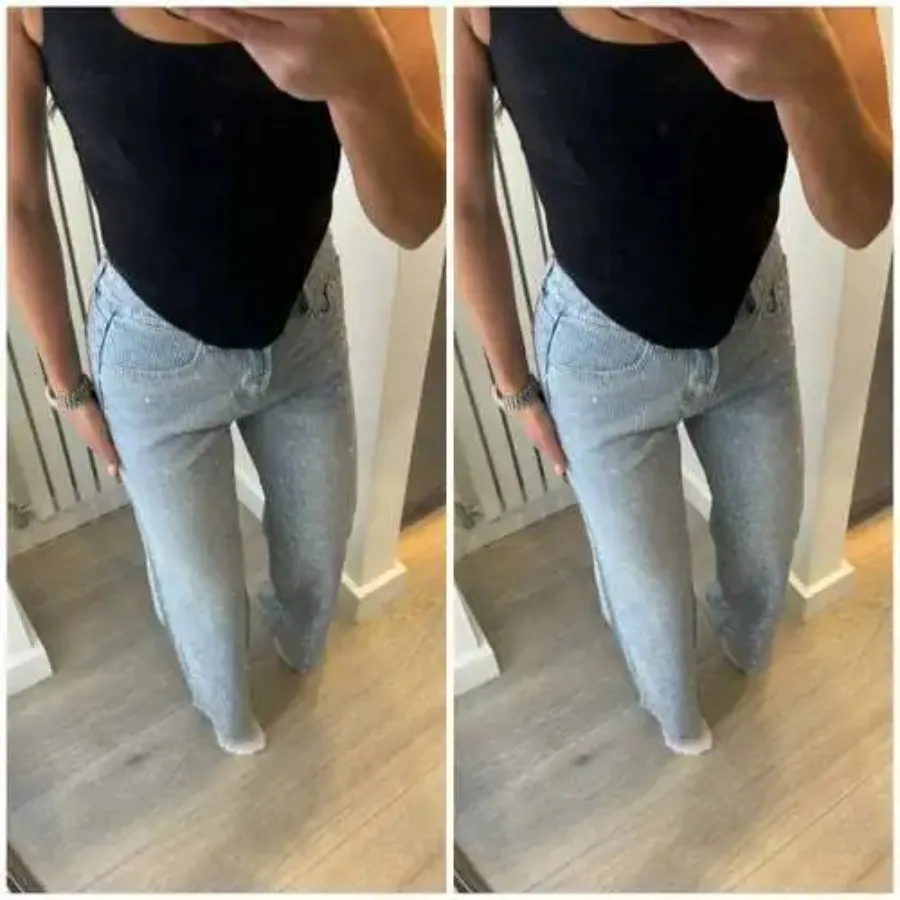 

Джинсы женские джинсовые широкие брюки с бриллиантами и высокой талией потертые карманы полная длина уличная одежда прямые брюки