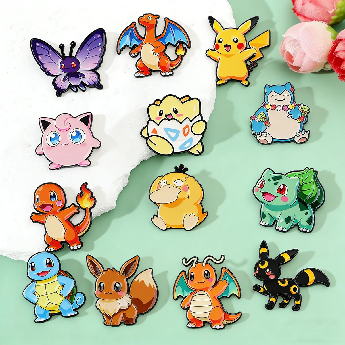 Random 7Pcs Pokemon Enamel Pins Pikachu Charizard Bulbasaur Squirtle Eevee Snorlax Metal Brooch Lapel Badge Backpack