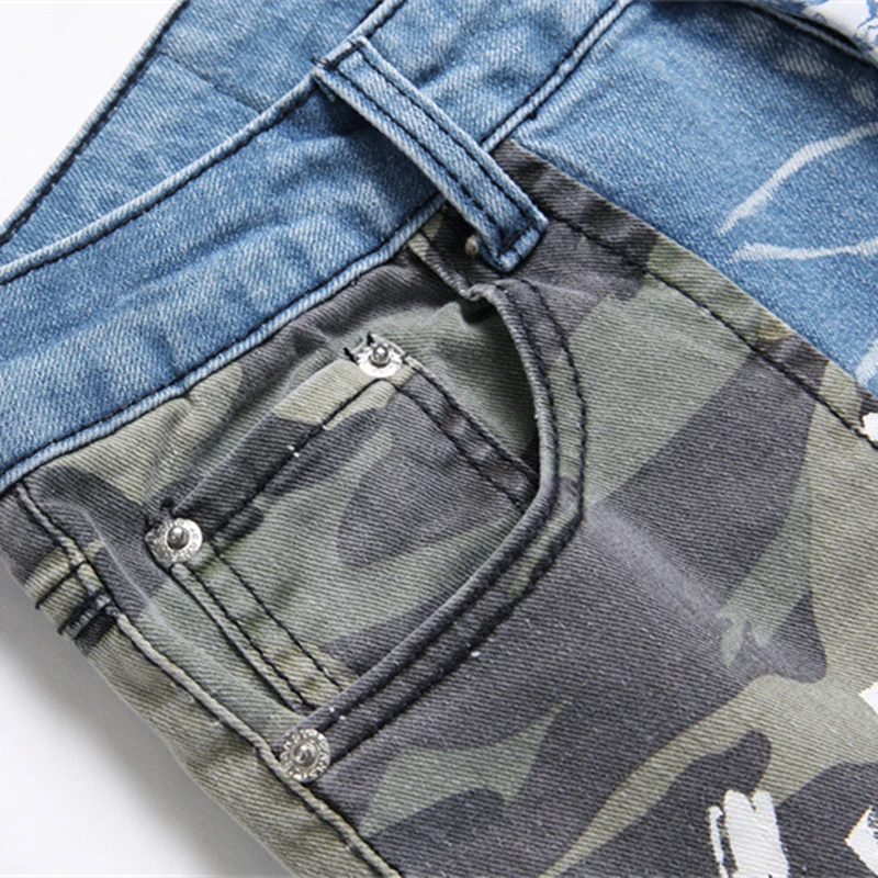 New 2024 Fashion Camouflage Matching Color Jeans Mid-Waist Hole Three-Dimensional Pocket Men\'s Printed Casual Pants