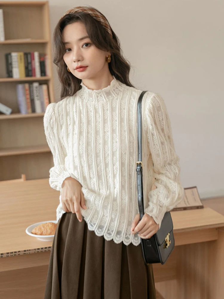 

Кружевные футболки с длинным рукавом, женские повседневные элегантные однотонные минималистичные топы с полувысоким воротником, осенняя одежда Ropa Mujer, женская стильная одежда