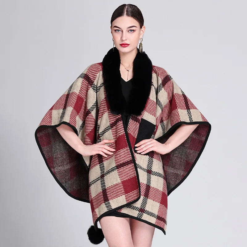 Autumn Warm Criss-Cross Cloak Knitted Coat Striped Poncho Capes Women Loose Faux Fur Ball Streetwear Cardigan Shawl Knitwear