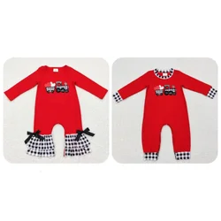 Wholesale Kids Boy Girl Red Long Sleeves Toddler Valentines Romper Newborn Infant Embroidery Tractor Hearts Children Jumpsuit