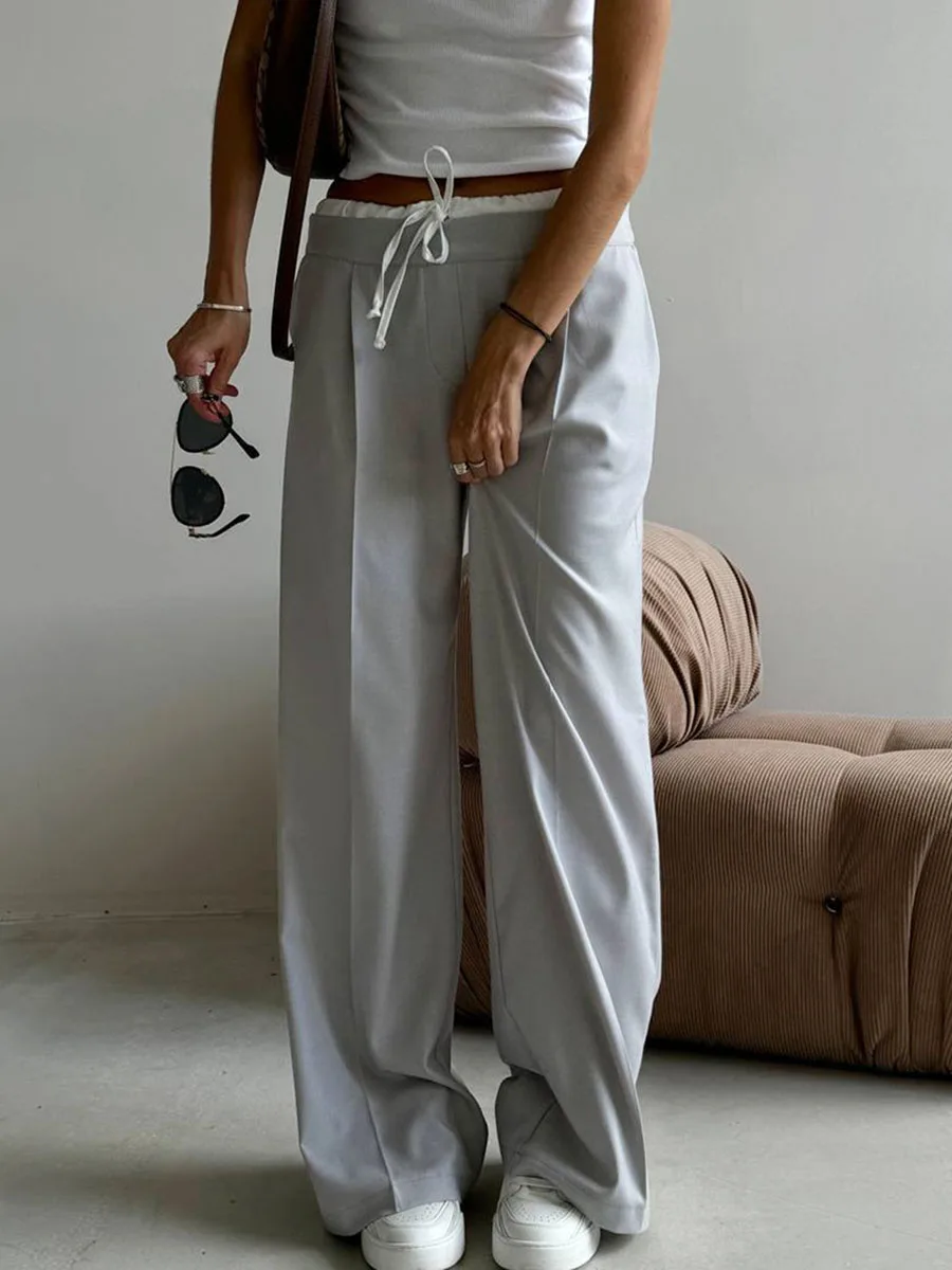 

Drawstring Patchwork Wide Leg Pant Women Summer New Mid Waist Pleated Suit Trouser Simple Fashion Solid Baggy Casual Pants