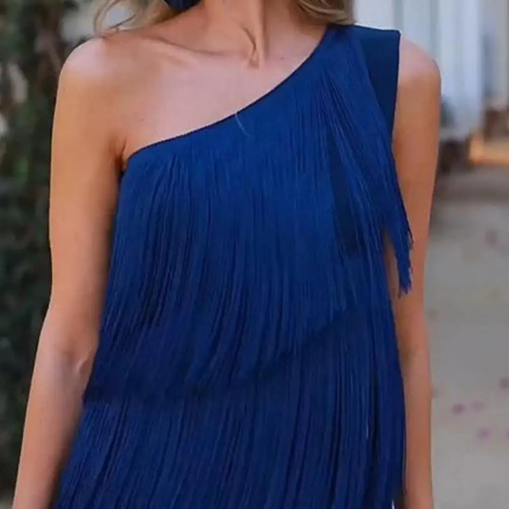 Vestido de noite feminino em camadas franjas borla um ombro sem mangas assimétrico tornozelo comprimento cocktail festa baile dança maxi vestido