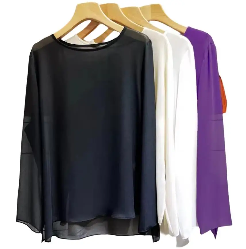 Ladies Fashion Casual Chiffon Long Sleeve Shirt Spring Summer Lightweight See-through Top plus Size blouse