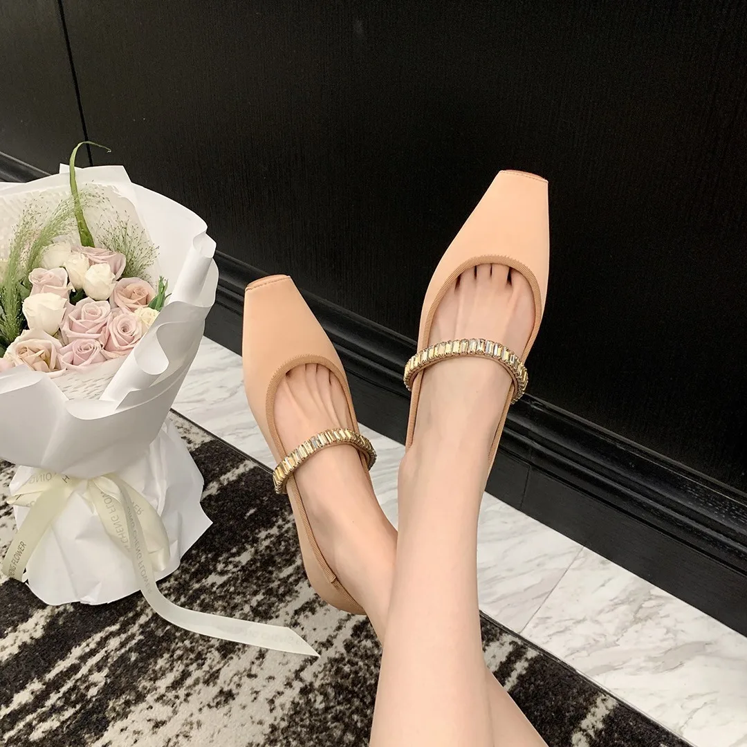 

Flat Shoes for Women Spring and Autumn New Diamonds Square Toe Pink Luxurious Mary Jane Shoes French Silk Flat Ladies Shoes