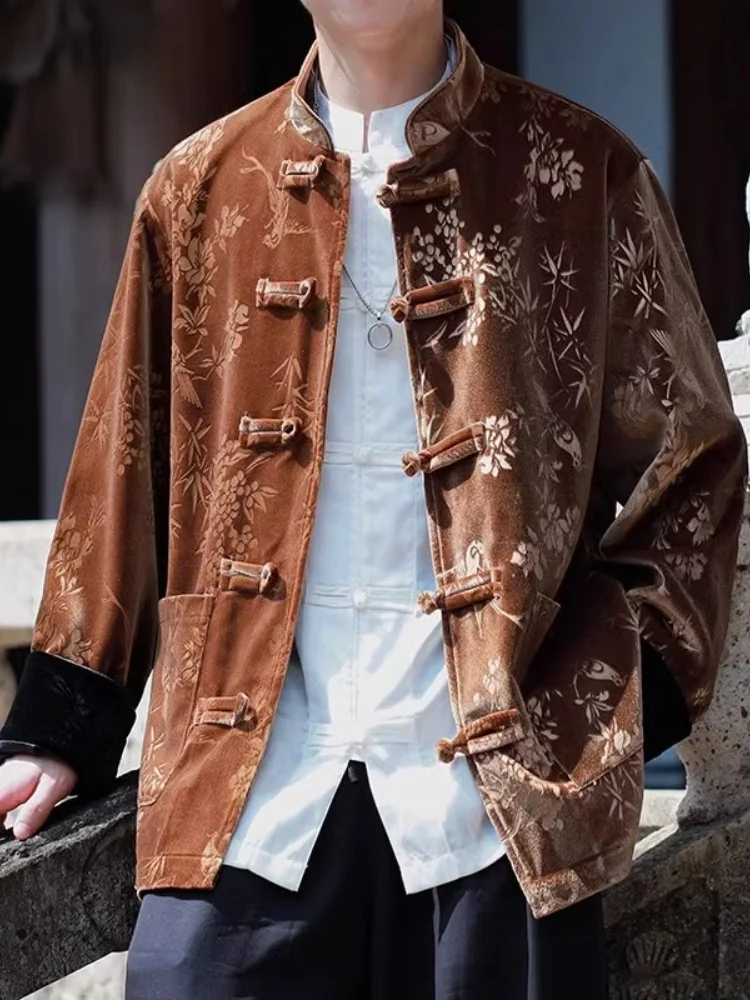 

Новая мужская куртка в китайском стиле: осенне-весеннее винтажное пальто-ханьфу с вышивкой золотым бархатом, свободный крой, длинный рукав, дышащая ткань.