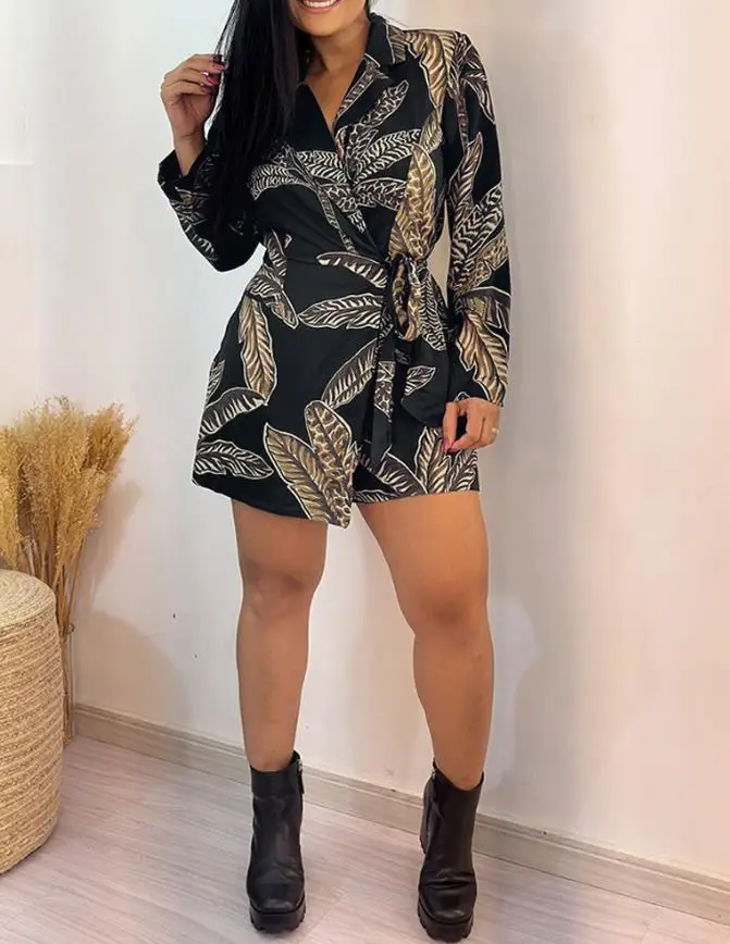 Jumpsuit Women's Fashion 2025 Spring/summer Tropical Print Notched Collar Long Sleeve Romper Casual Tied Detail Blazer Jumppsuit