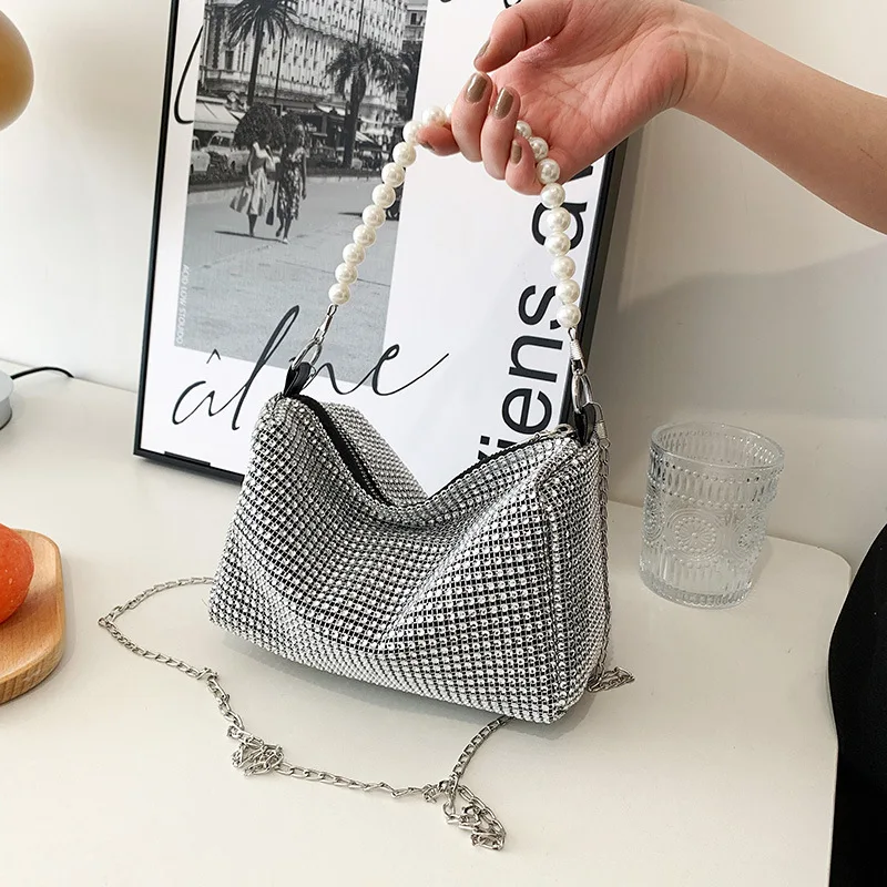 French Girl Evening Bag Fashion Ladies Shoulder Crossbody Bag Women's Crushed Diamonds Chain Women's Bag Pearl Shoulder Strap