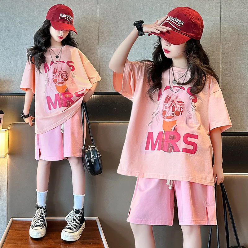 

Summer Girls Sweet Pink Alphabet T-Shirt Tops+Drawstring Shorts Pant Workout Set School Kids 2PCS Tracksuit Child Outfits 7-16Yr