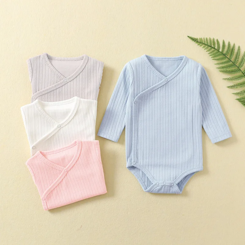 Newborn Baby Cotton Ribbed Bodysuit Long Sleeve Wrap Romper Soft Snap Button Infant Clothes Baby Girl Boy Jumpsuit 4 Colors