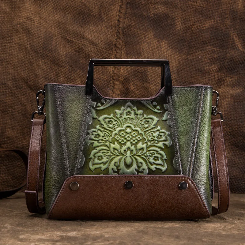 

Genuine Leather Vintage Women's Bag, Vegetable-Tanned Top-Layer Cowhide, Hand-Held and Crossbody Bag, Embossed, Hand-Colored, High-End Ethnic Style