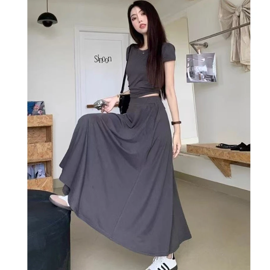 Slimming A-Line Skirt Set Women's Summer New Style Spicy Hollow out Short Sleeve Top Two-Piece Set Elegant Drawstring Short S...