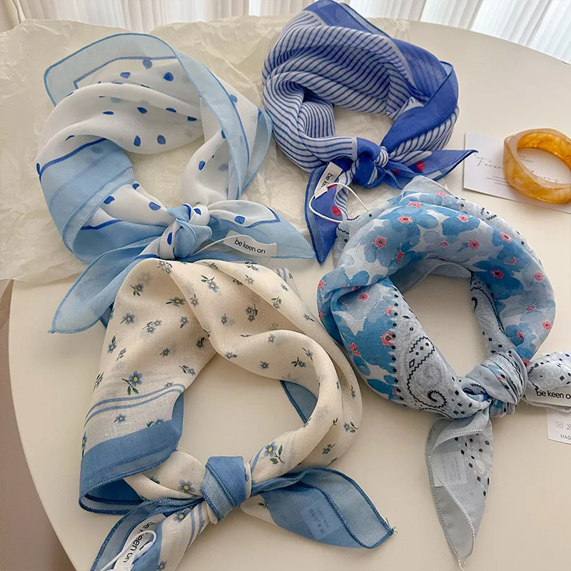 Lightweight Cotton Small Square Scarf 58x58cm Polka Dot Stripe Patchwork Women UV Head Scarf Hair Tie Travel