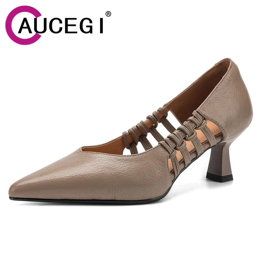 Aucegi New Luxury Sexy Pointed Toe Women Pumps Fashion Genuine Leather Elegant Dress High Heel Slip On Dress Banquet Shoes