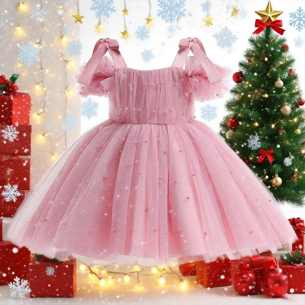 Babykleid für den 1. Geburtstag, Weihnachten, Mädchen, Prinzessinnenkleid, elegante Mädchen-Partykleider, Perlendekoration, Kinder-Abendkleid