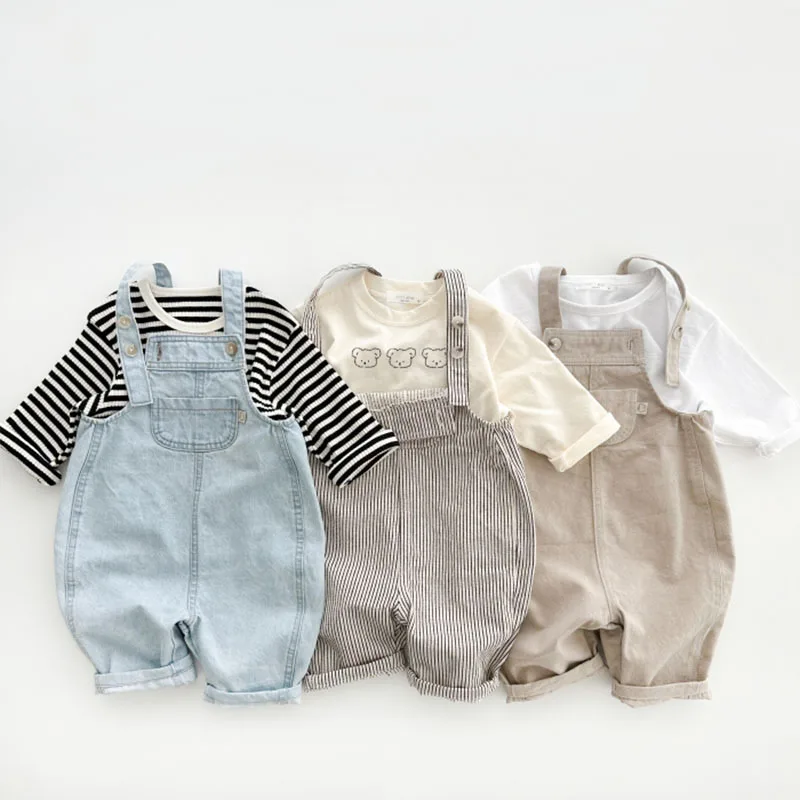 2025 Spring Summer Children Boy Jeans Cotton Patched Pocket Toddler Boy Suspenders Solid Button Sling Infant Baby Boy Denim Pant