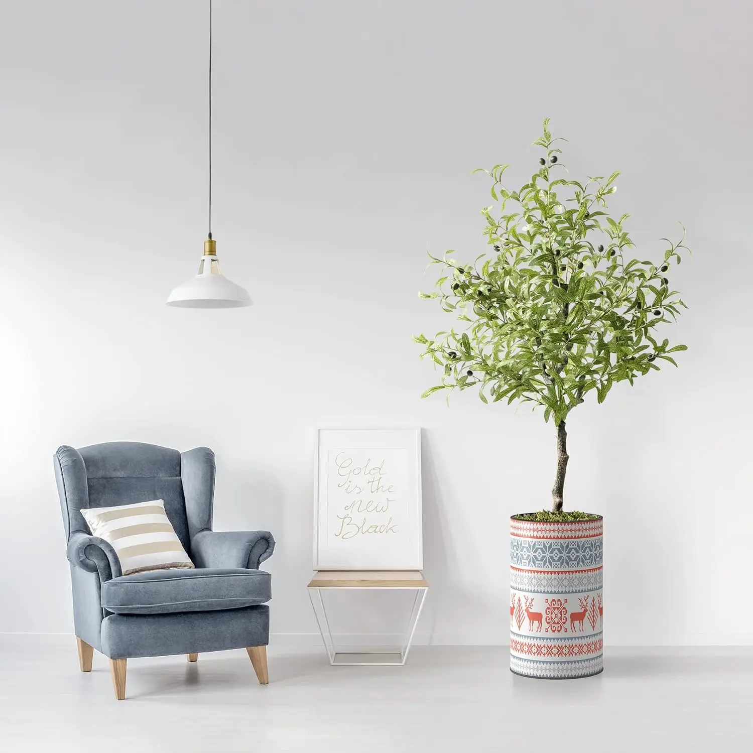 

Искусственное дерево в современном кашпо со снежинками, искусственное оливковое шелковое дерево для внутреннего и наружного украшения дома - 60 дюймов