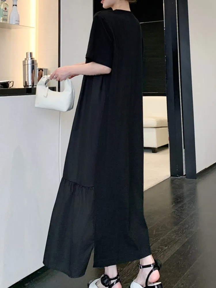 فستان نسائي كوري صيفي جديد من فيستدوس رداء Elbise فضفاض مقاس كبير فساتين طويلة مرقعة وأكمام قصيرة