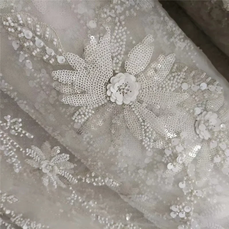 Milky White Sequins Beaded Flower Embroidery 3D Lace Fabric, Bride Wedding Dress, DIY Handmade Sewing Fabric, RS3009