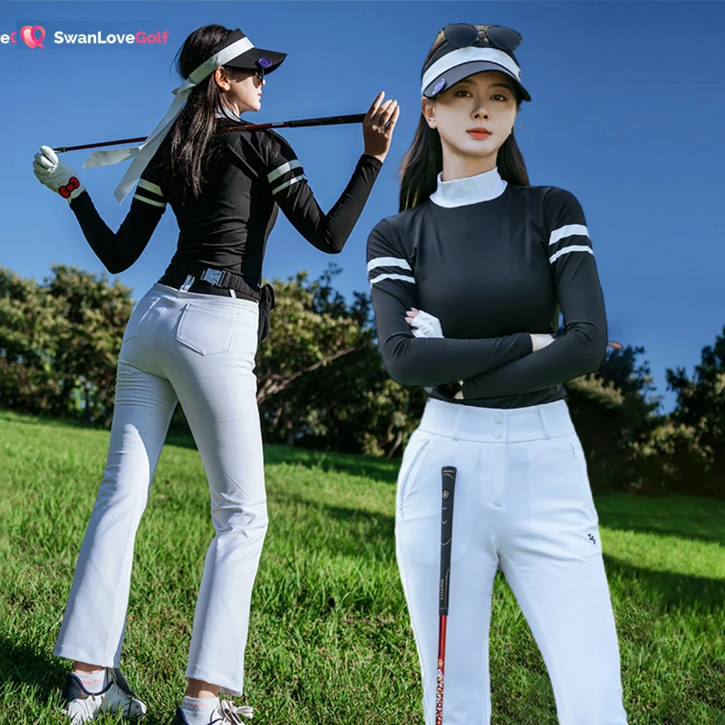 2024 SG Women's Autumn Winter Striped Golf Top Sports Long Sleeve Round Collar T-Shirt High Waist Golf Pants Flared Trousers