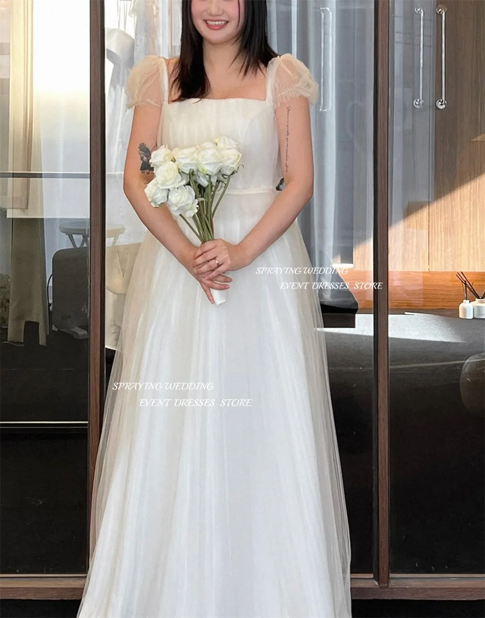 SPRAYING elegante vestido de novia largo de tul sesión de fotos de Corea cuello cuadrado vestido de novia de manga corta corsé personalizado nneinize